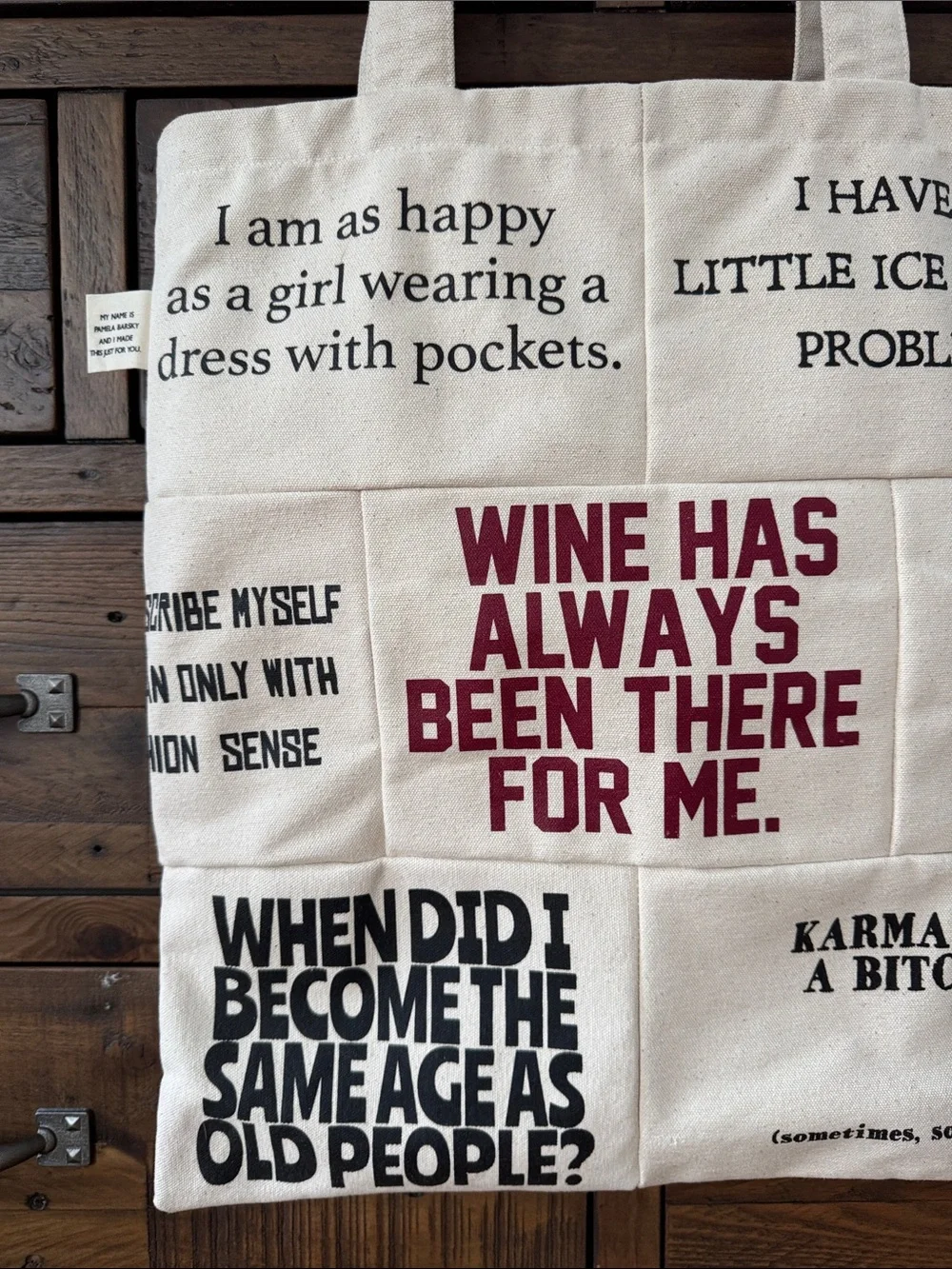 Pamela Barsky Patchwork Canvas Tote Bag Funny Quotes Eco Market Shoulder Bag
